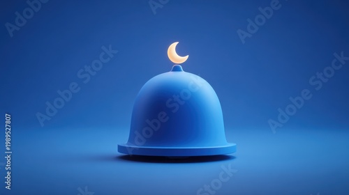 A minimalist illustration of a mosque dome topped with a crescent moon on a blue backdrop