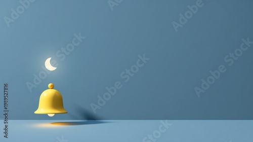 A minimalistic yellow bell with a shining moon suspended above it, casting a soft glow. The bell is centered against a blue background, casting a distinct shadow