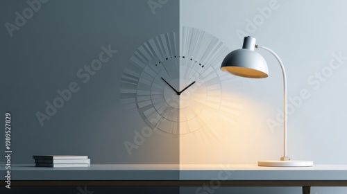 A creative composition featuring a clock, a desk lamp, and a book. The image evokes a sense of time, work, and reading. The juxtaposition of light and shadow creates a dynamic visual effect.