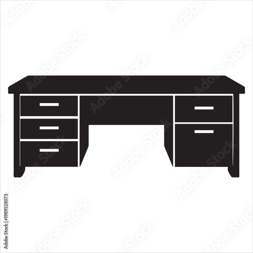 A black desk with six drawers on a white background