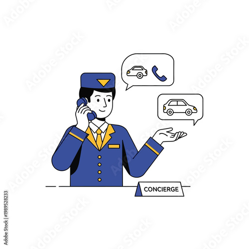 Hotel Concierge Character Booking Taxi Service, Professional Hospitality Staff at Reception Desk, Flat Vector Illustration