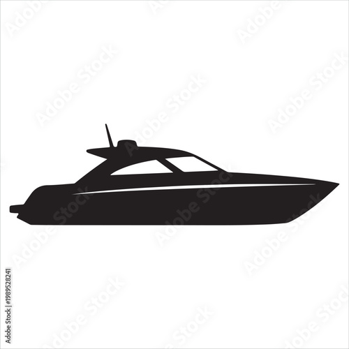 A black silhouette of a motorboat on a white background