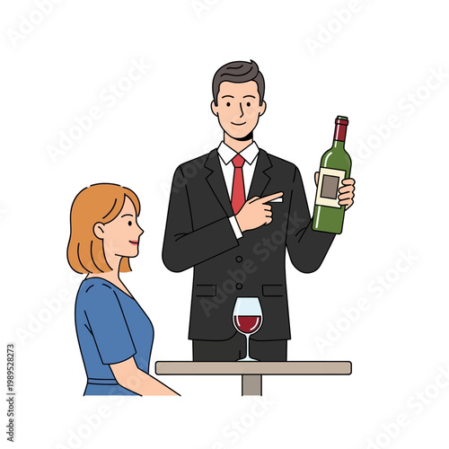 Professional Sommelier in Suit Presenting Bottle of Red Wine to a Female Guest in a Restaurant, Flat Vector Illustration Isolated on White