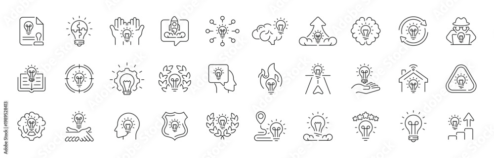 Fototapeta premium Creative idea light bulb outline icon set. editable stroke thin line symbols for innovation and creativity concepts