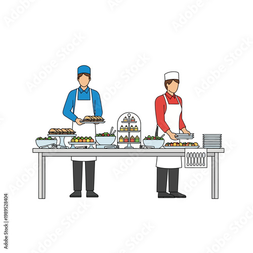 Professional Catering Staff Setting Up Buffet Table with Sandwiches and Salads Flat Vector Illustration