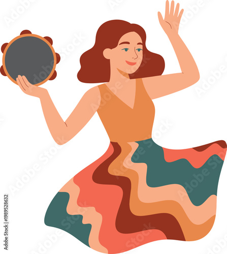 A cheerful woman joyfully playing a tambourine and dancing with exuberance