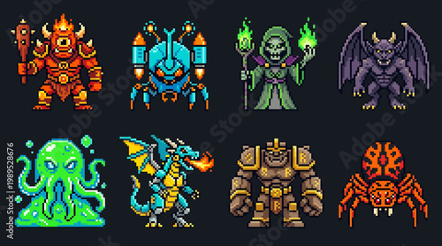 Captivating 8-bit pixel art game characters. This vector illustration set presents diverse fantasy elements and retro monster designs, perfect for game development
