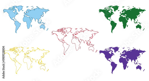 Colorful world maps displayed in various continental arrangements