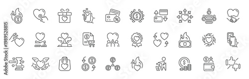 Heart donation outline icons set. editable stroke in thin line style for charity and fundraising