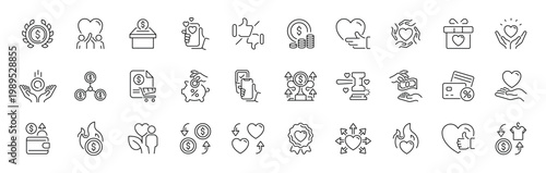 Charity and donation linear icon set. thin line, editable stroke for giving and fundraising symbols