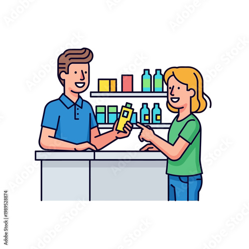 Pharmacist Assisting Customer in Drugstore Pharmacy - Modern Vector Illustration of Retail Service and Healthcare Concept