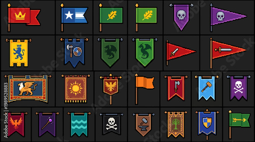 A vibrant collection of pixel art game elements, illustrated as vector flags, banners, and pennants for fantasy and medieval themes