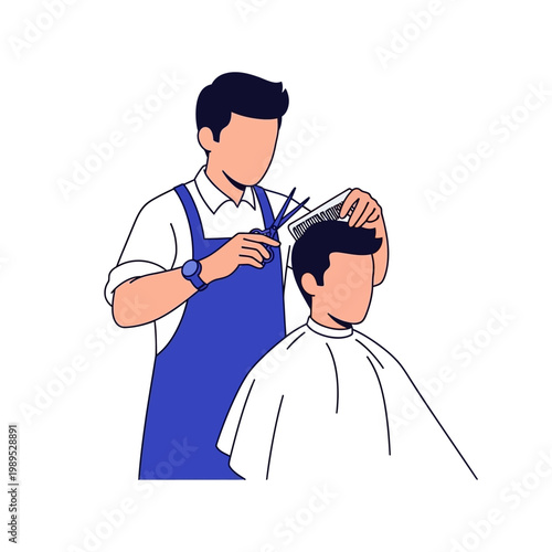 Professional Barber Cutting and Styling Client's Hair Vector Illustration for Salon and Male Grooming Concepts