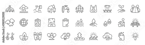 Environmental sustainability outline icon set: thin line editable stroke designs for eco-friendly concepts