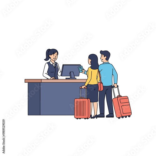 Couple Checking In at Airport or Hotel Reception Desk with Suitcases and Passport. Flat Vector Illustration for Travel and Hospitality Concepts.