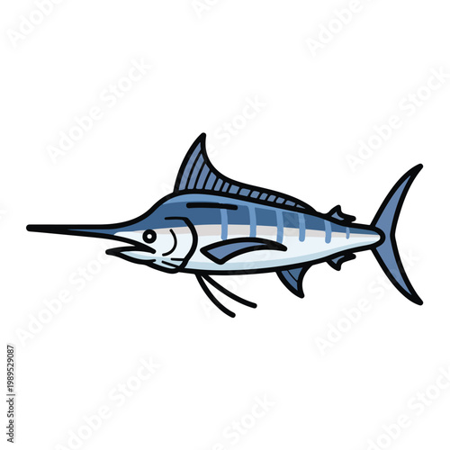 Marlin fish swimming in ocean waters with blue and white stripes