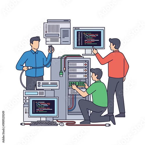 IT Support Team Working on Server Maintenance and Hardware Upgrades Illustration