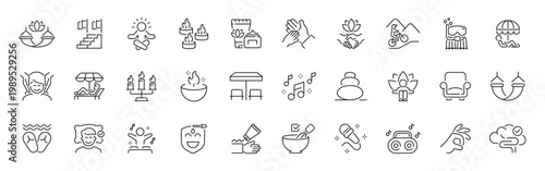 Wellness and relaxation outline icon set: editable stroke spa, meditation, yoga, relaxation, thin line style
