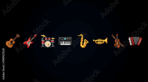 A set of detailed pixel art musical instruments, perfect vector illustration game elements for retro gaming or digital music themes