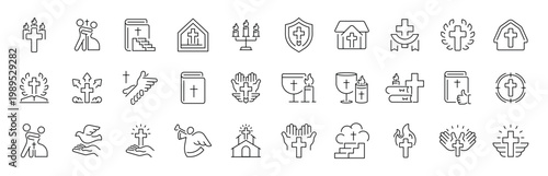 Christian church outline icons set. editable stroke religious symbols in thin line style