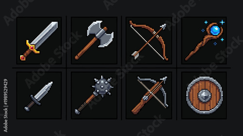 Assorted 8-bit pixel art game elements vector illustration set, featuring fantasy weapons and tools for retro digital design projects