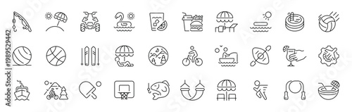 Summer activity icon set outline style with thin line editable stroke pictograms