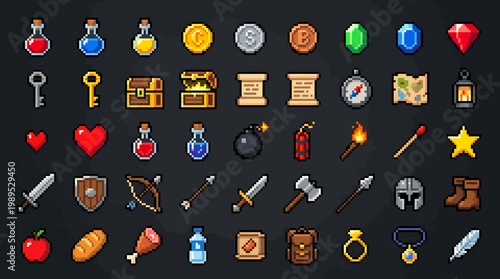A vibrant collection of 8-bit pixel art game elements, presented as a versatile vector illustration for digital and creative projects