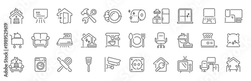 Home and living outline icon set: editable thin line symbols for house, furniture, appliances, decor