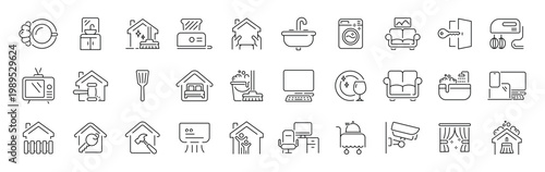 Home appliances outline icon set: editable stroke thin line household symbols and tools