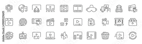 Multimedia and entertainment outline icon set. thin line style with editable stroke for video, music, and vr symbols