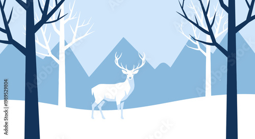 A white stag stands peacefully in a minimalist winter landscape