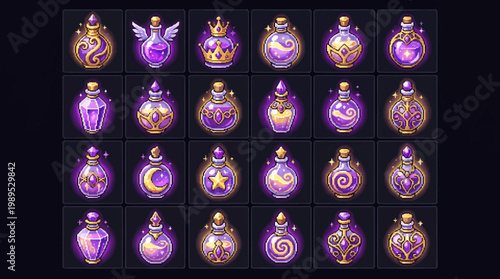 A captivating collection of magical elixir pixel art game elements, intricately designed vector illustrations perfect for fantasy RPGs and digital adventure games