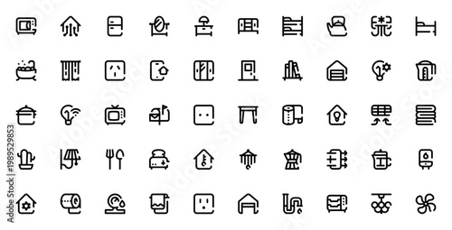 Home and Living icon set. Smart house automation vector collection. Includes symbols for kitchen, bedroom, appliances, furniture, lighting, climate control and more. Editable stroke.
