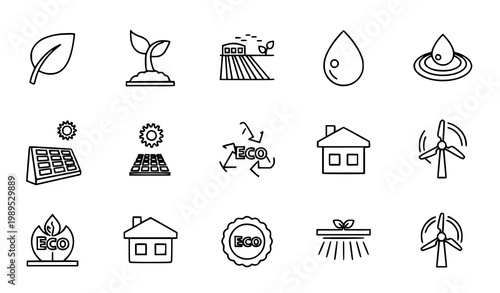 Sustainable agriculture thin line icons set with eco farming environmental protection and renewable energy symbols