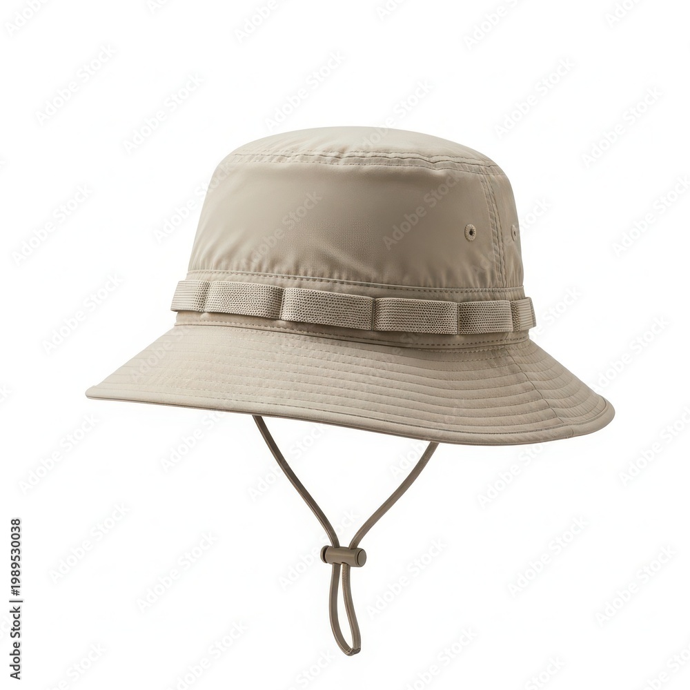 Fototapeta premium A light grey tactical bucket hat with a wide brim and an adjustable chin strap for outdoor use.