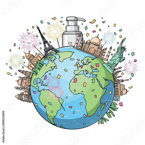 Global travel destinations with hand sanitizer and fireworks.