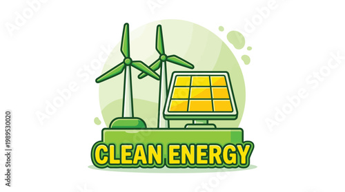 A logo featuring solar panels and wind turbines for clean energy Vector