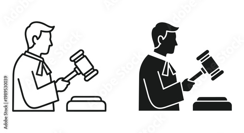 Judge icon set with gavel and robe in outline and solid styles, white background