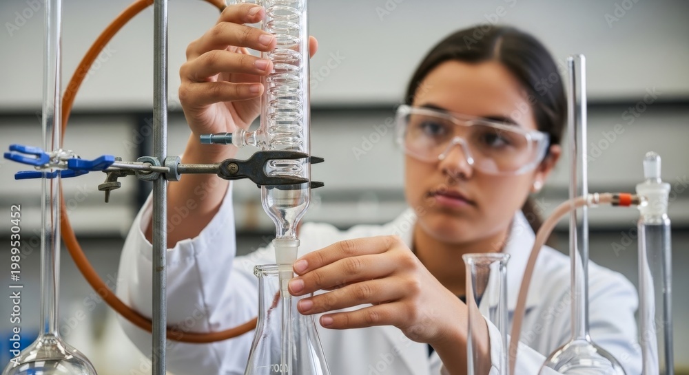 Obraz premium Student carefully attaching lab equipment for science experiment