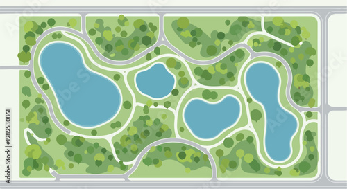 Top-down aerial view of a green park landscape with four blue lakes and winding pathways