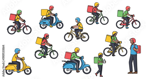 Set of 10 Delivery People on Scooters and Bicycles Illustration