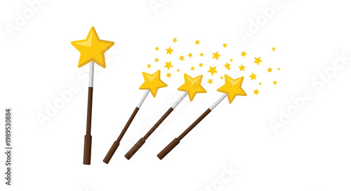 Multiple magic wands with yellow star tips creating sparkling light effects in this flat vector illustration