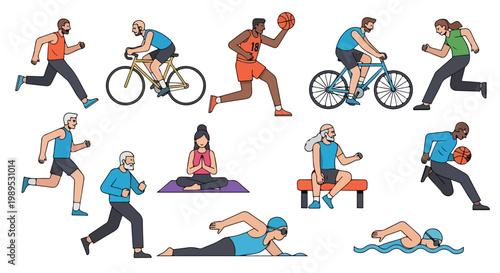 Set of 12 diverse cartoon people doing various sports activities illustration