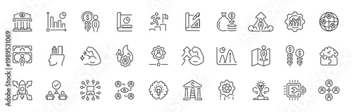 Business strategy outline icon set. editable stroke thin line symbols for growth, finance, and operations