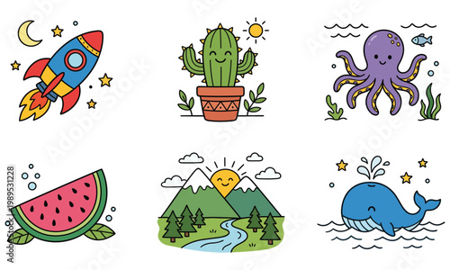A whimsical collection of illustrations featuring a rocket, cactus, octopus, watermelon, mountain landscape, and whale in a fantastical environment with various celestial and natural elements.