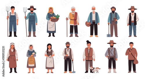 Set of 14 Flat Cartoon Farmer and Peasant Characters Vector Illustration