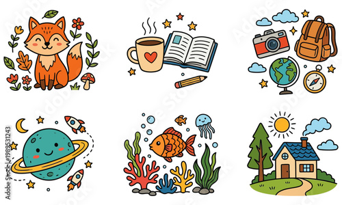 A whimsical illustration of a fox, travel items, planet, and house with various objects and animals.