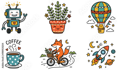 A robot waves at a fox riding a bicycle with a basket of flowers next to a potted plant, a hot air balloon flies by with a rocket and a cup of coffee nearby.