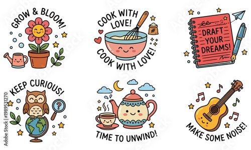 Vibrant illustrations of daily life scenes with motivational phrases and objects like flowers, food, guitar, and notebook to inspire creativity and positivity.