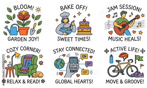 Vibrant illustrations showcase people enjoying hobbies and activities in a lively, colorful setting with various objects and symbols.